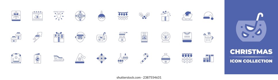 Christmas icon collection. Duotone style line stroke and bold. Vector illustration. Containing calendar, boxing day, mistletoe, santa hat, petard, santa claus, mobile phone, tea, postcard, candy cane.