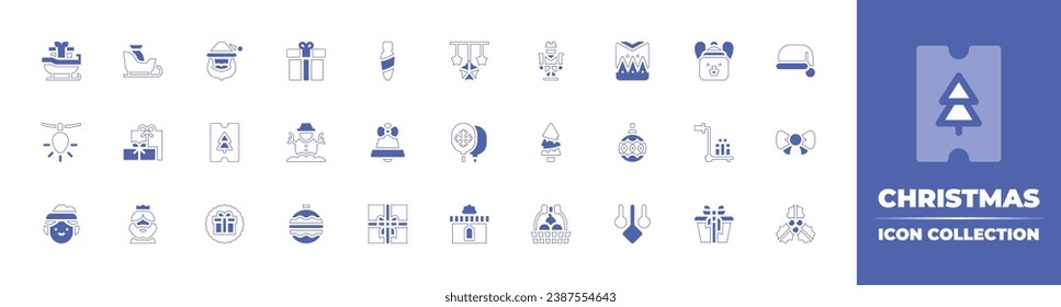 Christmas icon collection. Duotone style line stroke and bold. Vector illustration. Containing sleigh, gift, nutcracker, santa hat, present, snowman, tree, bow tie, melchor, bauble, fruit, mistletoe.