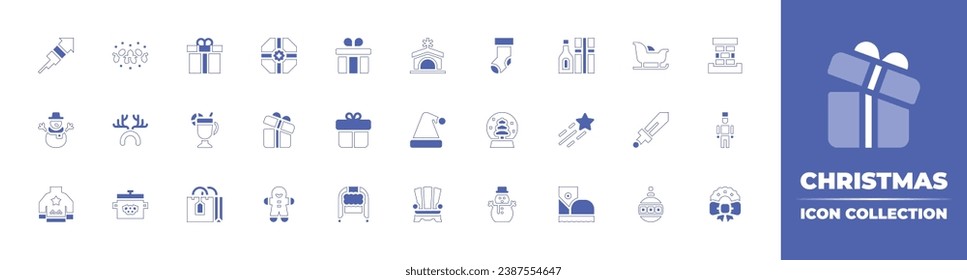 Christmas icon collection. Duotone style line stroke and bold. Vector illustration. Containing christmas lights, boxing day, christmas sock, chimney, deer horns, gift box, snow globe, nutcracker.