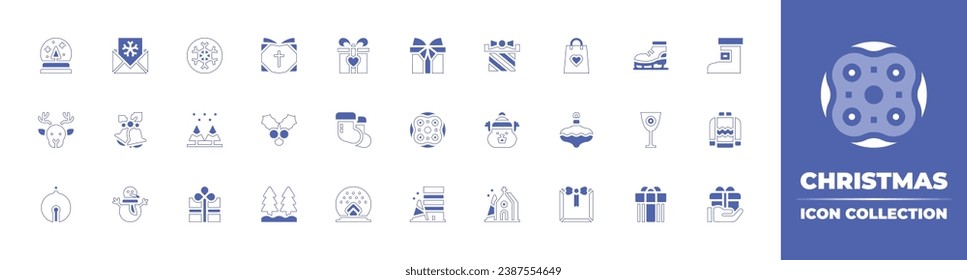 Christmas icon collection. Duotone style line stroke and bold. Vector illustration. Containing gift bag, bauble, christmas present, bible, mistletoe, pine tree, christmas card, bells, snowman, gift.