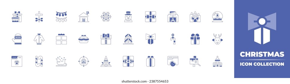 Christmas icon collection. Duotone style line stroke and bold. Vector illustration. Containing chimney, candy cane, cookies, cabin, pumpkin pie, present, cross, jacket, snowflake, candle, snow ball.