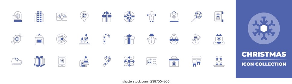 Christmas icon collection. Duotone style line stroke and bold. Vector illustration. Containing placeholder, candle, shopping bag, christmas tree, christmas ball, christmas present, jacket, winter hat.