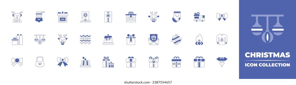 Christmas icon collection. Duotone style line stroke and bold. Vector illustration. Containing door, lights, santa claus, jelly, baubles, beard, christmas sock, design, gift, bow, pudding, bonfire.