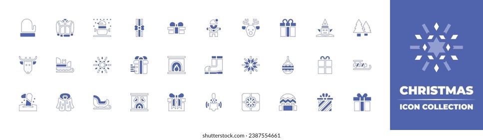 Christmas icon collection. Duotone style line stroke and bold. Vector illustration. Containing christmas present, fur coat, gift, fireplace, ornament, winter hat, jacket, sleigh, winter gloves, elf.