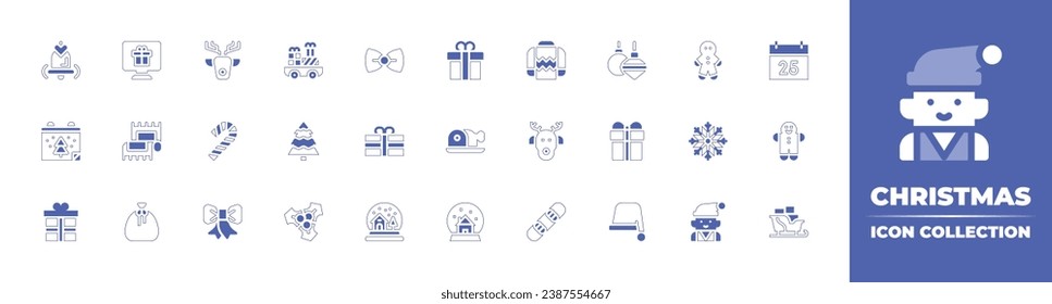 Christmas icon collection. Duotone style line stroke and bold. Vector illustration. Containing christmas tree, christmas balls, mistletoe, gift, santa hat, gift bag, foulard, car, snowboard, bow.