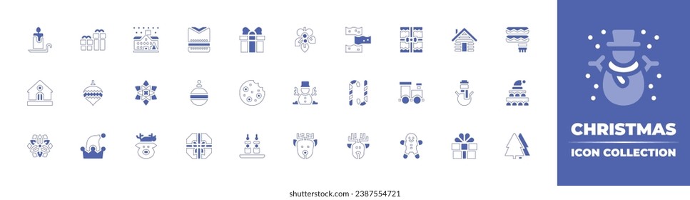 Christmas icon collection. Duotone style line stroke and bold. Vector illustration. Containing present, toy train, gingerbread man, sweater, christmas ball, gift, elf hat, presents, candle, cabin.