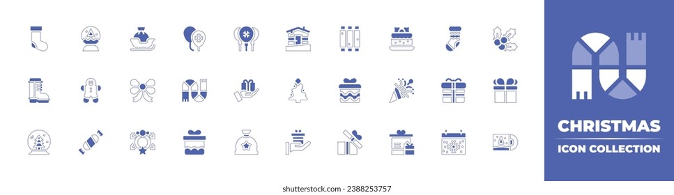 Christmas icon collection. Duotone style line stroke and bold. Vector illustration. Containing holly, gift, christmas music, balloons, cake, gift box, confetti, sock, sleigh, cabin, christmas sock.