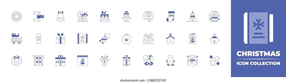 Christmas icon collection. Duotone style line stroke and bold. Vector illustration. Containing christmas, jingle bell, star, cake, christmas sock, fireworks, church, mistletoe, gingerbread man, wreath