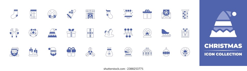 Christmas icon collection. Duotone style line stroke and bold. Vector illustration. Containing bible, bell, christmas bell, chimney, christmas wreath, gift, lights, necklace, candles, snow globe.