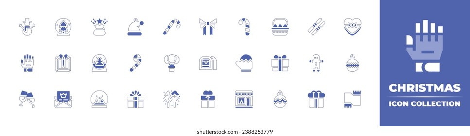 Christmas icon collection. Duotone style line stroke and bold. Vector illustration. Containing christmas present, gift, bauble, santa hat, candy cane, snow globe, frame, letter, cane, ski, balloons.