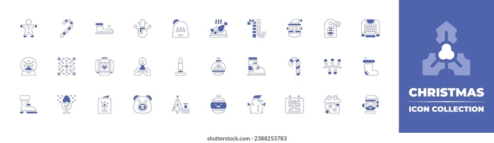 Christmas icon collection. Duotone style line stroke and bold. Vector illustration. Containing sweater, christmas sock, santa claus, winter hat, candle, candy cane, christmas tree, christmas.