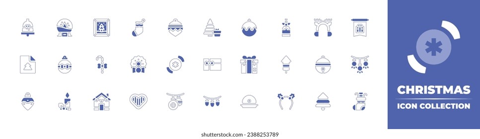 Christmas icon collection. Duotone style line stroke and bold. Vector illustration. Containing snowball, sock, bauble, banner, christmas wreath, gift, light bulb, christmas candle, gingerbread, ham.