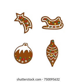 Christmas icon collection. Gingerbread comet, toys, sled. Vector illustration.