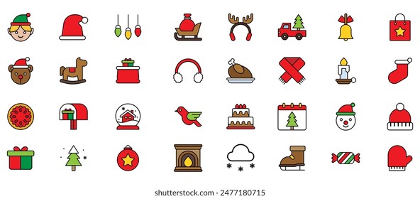 Christmas icon collection. Holiday symbol. Outline Xmas icons set. Santa claus, gift, angel, box, bow, bell, christmas tree, fireworks, snow, snowman, bag and more. Vector Illustration. EPS 10