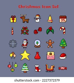 christmas icon collection set in pixel art style