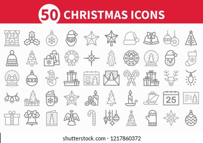Christmas icon collection, winter holiday background, xmas decoration elements, noel ornaments, festive backdrop, colorful pattern, vector illustration, outline icons set