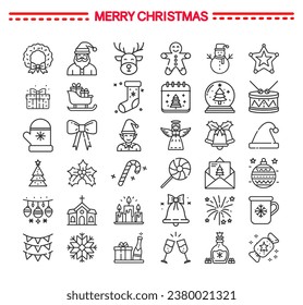 Christmas icon collection, winter holiday background, xmas decoration elements, noel ornaments, festive backdrop, vector illustration, outline icons set.