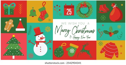 christmas icon Color full element ornament with santa cap, reindeer, gift, christmas tree, snowflake, sock, snowman. stock illustration.Christmas vector poster modern icon element.
