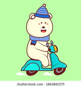 Christmas icon concept.Cute Polar Bear ride scooter vector icon illustration.Christmas Character Flat Cartoon Style Suitable for Web Landing Page, Banner, Flyer, Sticker, Card