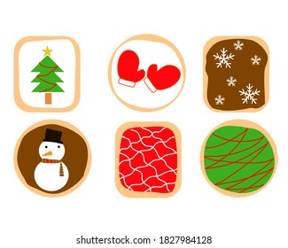christmas icon cookies, snow man, snowflacke, gloves and christmas tree vector illustartion