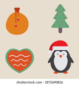 Christmas icon decoration. candy, pouch, tree and penguins