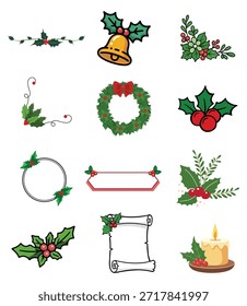 Christmas Icon and Decoration Element Set. Gold Bell, Wreath, Holly Leaves and Blank Scroll. Flat Vector Clip Art for Holiday Design.
