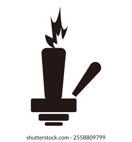 Christmas icon design, stylized candle, minimalist symbol, black silhouette, flame, exclamation mark, warning sign, abstract shapes, geometric composition.