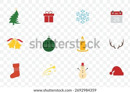 christmas, icon, element, decoration, vector, symbol, wreath, holiday, candy, sticker, bell, candle, flat, mistletoe, set, sock, thing, ball, cartoon, year, new, pine, gingerbread, snowman, background