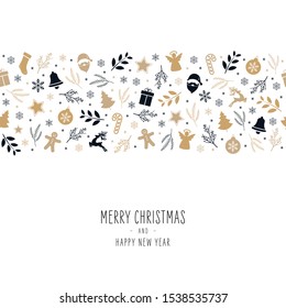 Christmas icon elements border card with greeting text seamless pattern isolated white background.