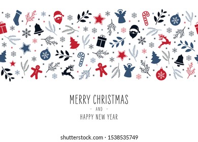 Christmas icon elements border card with greeting text seamless pattern isolated white background.