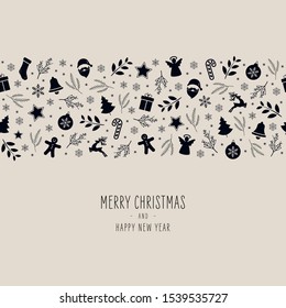 weihnachtliche Ikone Elemente Randkarte mit Grußtext nahtlos Muster schwarz beiger Hintergrund.