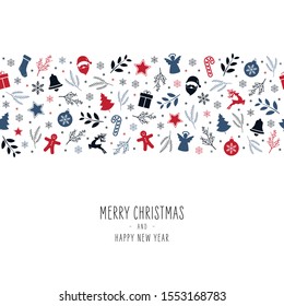 Christmas icon elements border card with greeting text seamless pattern isolated white background.