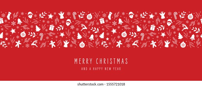 Christmas icon elements border decoration card with greeting text seamless pattern red background.