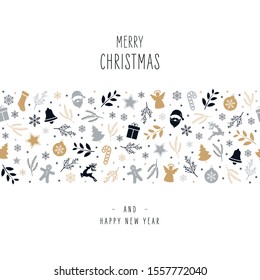 Christmas icon elements border decoration card with greeting text seamless pattern white background.