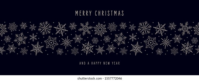 Christmas icon elements border decoration card with greeting text seamless pattern blue background.