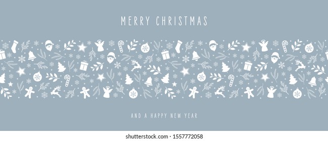 Christmas icon elements border decoration card with greeting text seamless pattern ice blue background.