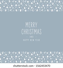 Christmas icon elements border decoration card with greeting text ice blue background.