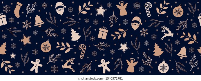 Christmas icon elements border pattern blue background.