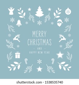 Christmas icon elements border square card with greeting text blue ice background.