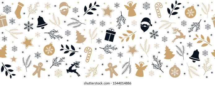 Christmas icon elements golden black border pattern isolated white background.