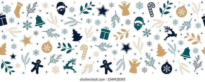 Christmas icon elements golden black green border pattern isolated white background.