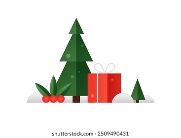 Icono de Navidades con abeto, caja de regalo roja con arco y muérdago. Paisaje geométrico de vacaciones con nieve blanca y pinos, linda ilustración plana de Vector para tarjetas de Navidad, diseño de embalaje