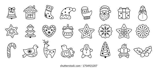 Christmas icon flat cartoon set. Sign New year, icons collection bird, holly, house, deer and candy, snowflakes, sock, Christmas tree, bell, star. Isolated vector illustration