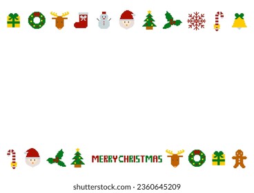 Christmas icon frame of pixel art. Vector illustration. Santa Claus, reindeer, Christmas tree, snowman, presents, etc. White background.