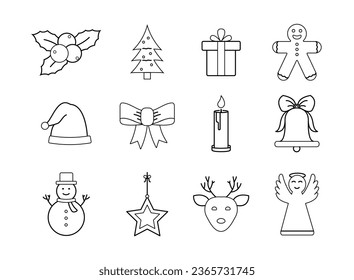 Christmas icon with gift box, angel, hat, bow, candle, reindeer, snowman. Ornament decoration elements for winter holiday. Editable stroke. vector