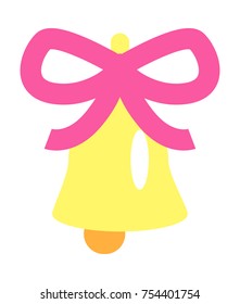 Christmas icon of golden abstract handbell on white background. Vector illustration of fir trees toy jingle with big pink ribbon bow. Element of fashionable decoration for Christmas holidays.