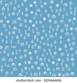 Icono navideño saludando el vector con un borde de patrón sin fisuras. Nochebuena, noche de fiesta de Año Nuevo. Para tarjetas de felicitación, medios sociales, publicidad de venta. Copos de nieve, bolas, caramelos, comida, caja de regalo.