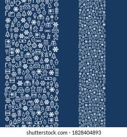 Christmas icon greeting vector seamless pattern border. Christmas New Year celebration party dinner eve. For greeting cards, social media, sale advertising. Snowflakes, balls, candies, food, gift box.