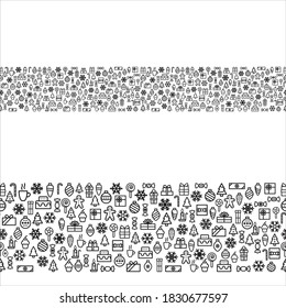 Christmas icon greeting vector seamless pattern border. Christmas New Year celebration party dinner eve. For greeting cards, social media, sale advertising. Snowflakes, balls, candies, food, gift box.