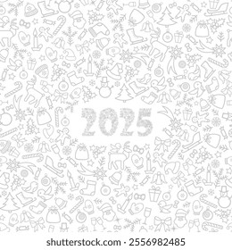 Christmas icon holiday background with snowy numbers 2025. Happy New Year Greeting. Noel Line Art Greeting Card with handwritten Lettering 2025